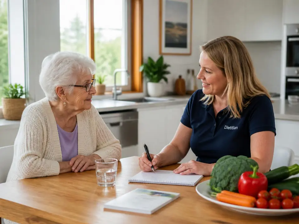 Dietitian consulting with an elderly woman at her kitchen table